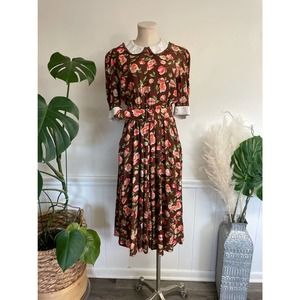 Vintage 1980s Brown Pink Floral Prairie Midi Dress with Belt Pleated Sz 8